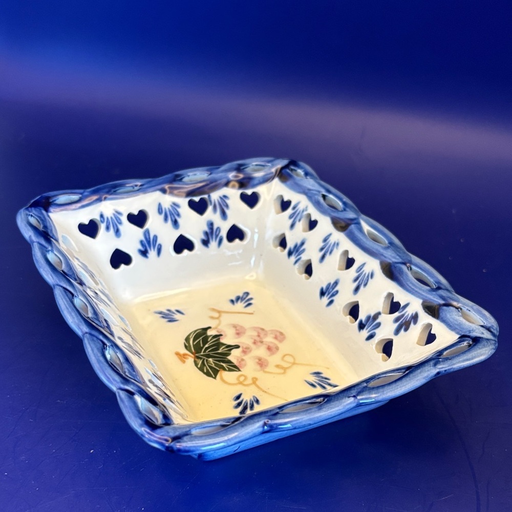 Chinoiserie Blue and White Ceramic Dish with Floral Design